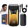 A black portable electric shaver is shown with accessories, including a foil, and a man using the device.