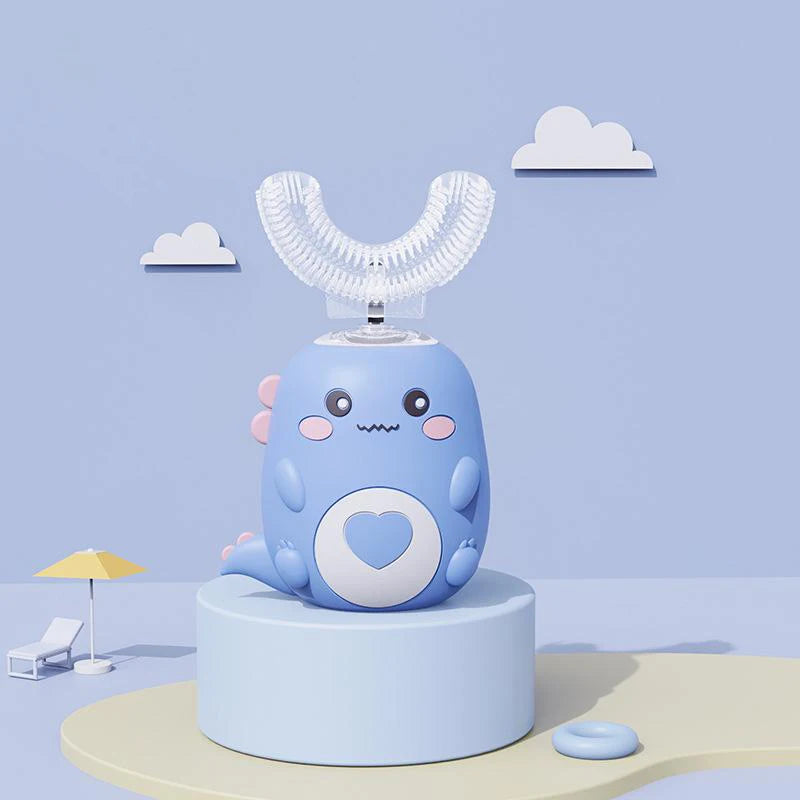 A light blue cartoon-designed electric U-shaped toothbrush mounted on a stand against a pale purple background.