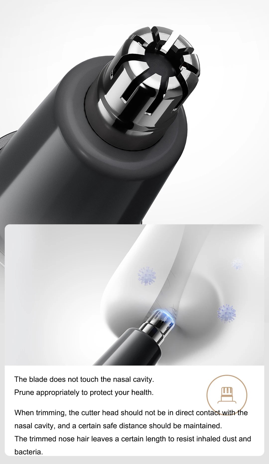 Close-up of a black electric nose and eyebrow hair trimmer head designed to prune hair safely.