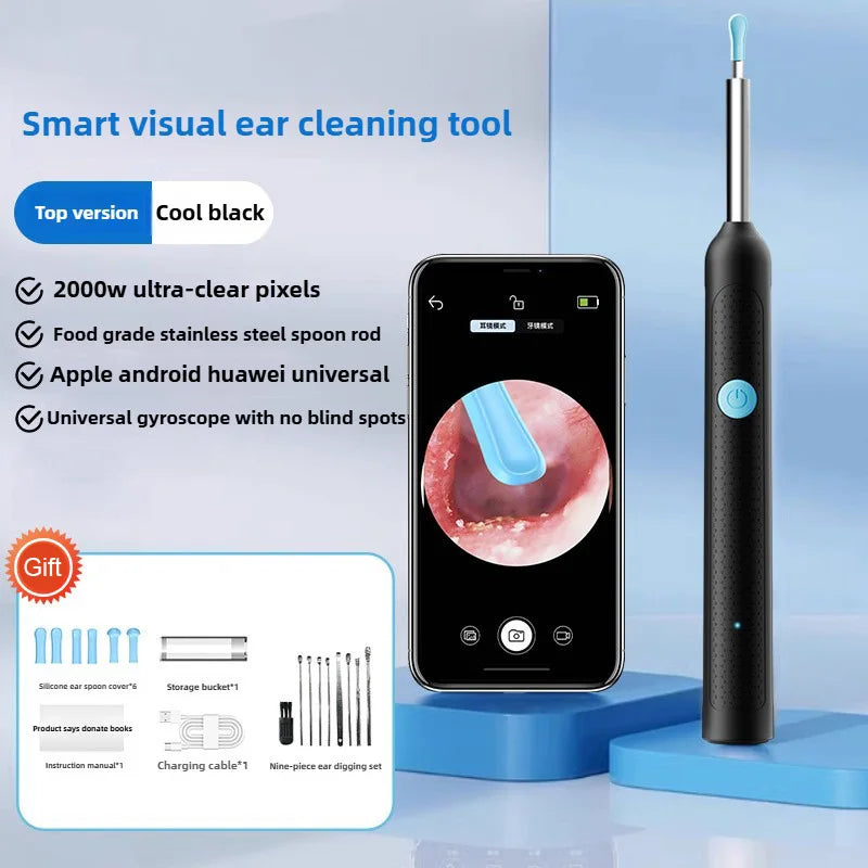 A smart visual ear cleaning tool in cool black, shown next to a smartphone displaying an ear cleaning view and various access