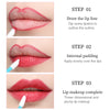 Three steps demonstrating how to apply lip makeup using a disposable brush applicator set on lips.