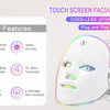 A white touch screen facial LED mask with a clear silicone frame and an adjustable strap, shown next to feature icons.