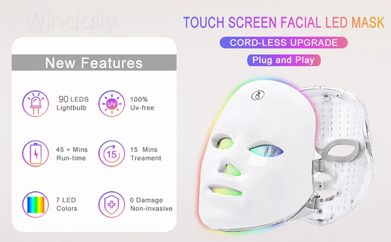 A white touch screen facial LED mask with a clear silicone frame and an adjustable strap, shown next to feature icons.