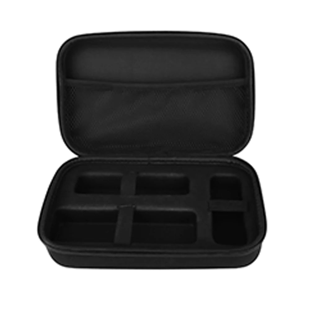 Black portable case for hair clippers and trimmers with a hinged lid and internal compartments