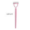 A light pink precision metal eyelash separator and curler tool.