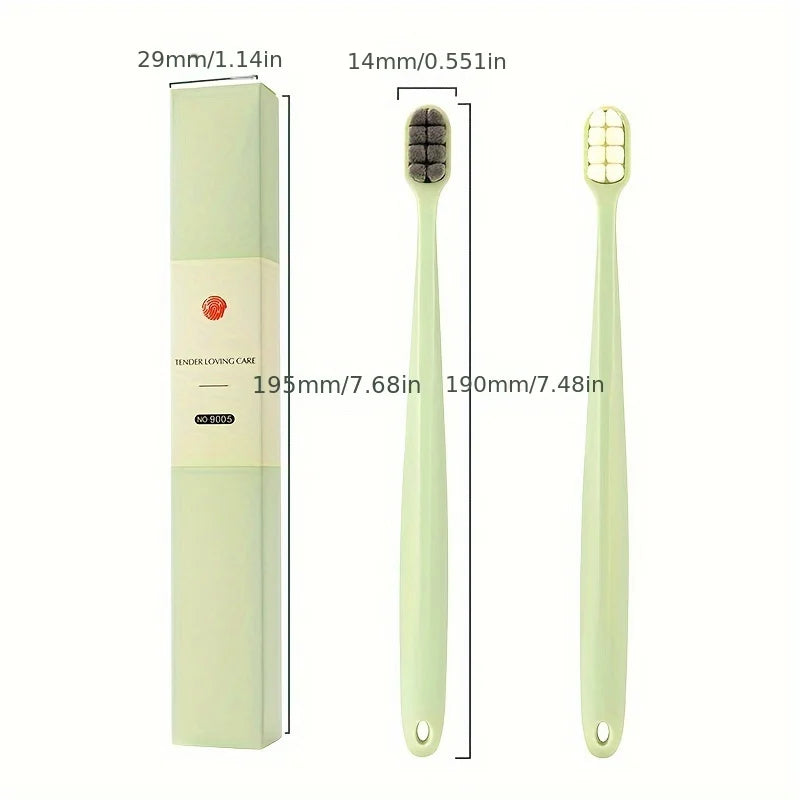 Un set de brosses à dents micro-nano vert clair montrées avec leurs dimensions.