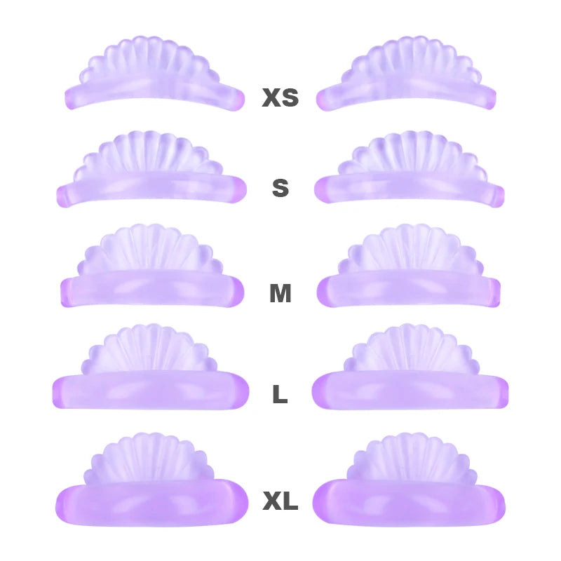 A set of purple 3D eyelash curlers and lifting tools in various sizes from XS to XL.