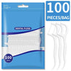 A package containing 100 pieces of white dental floss and plastic toothpicks.