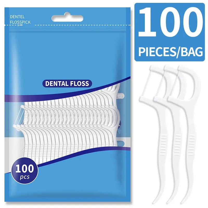 A package containing 100 pieces of white dental floss and plastic toothpicks.