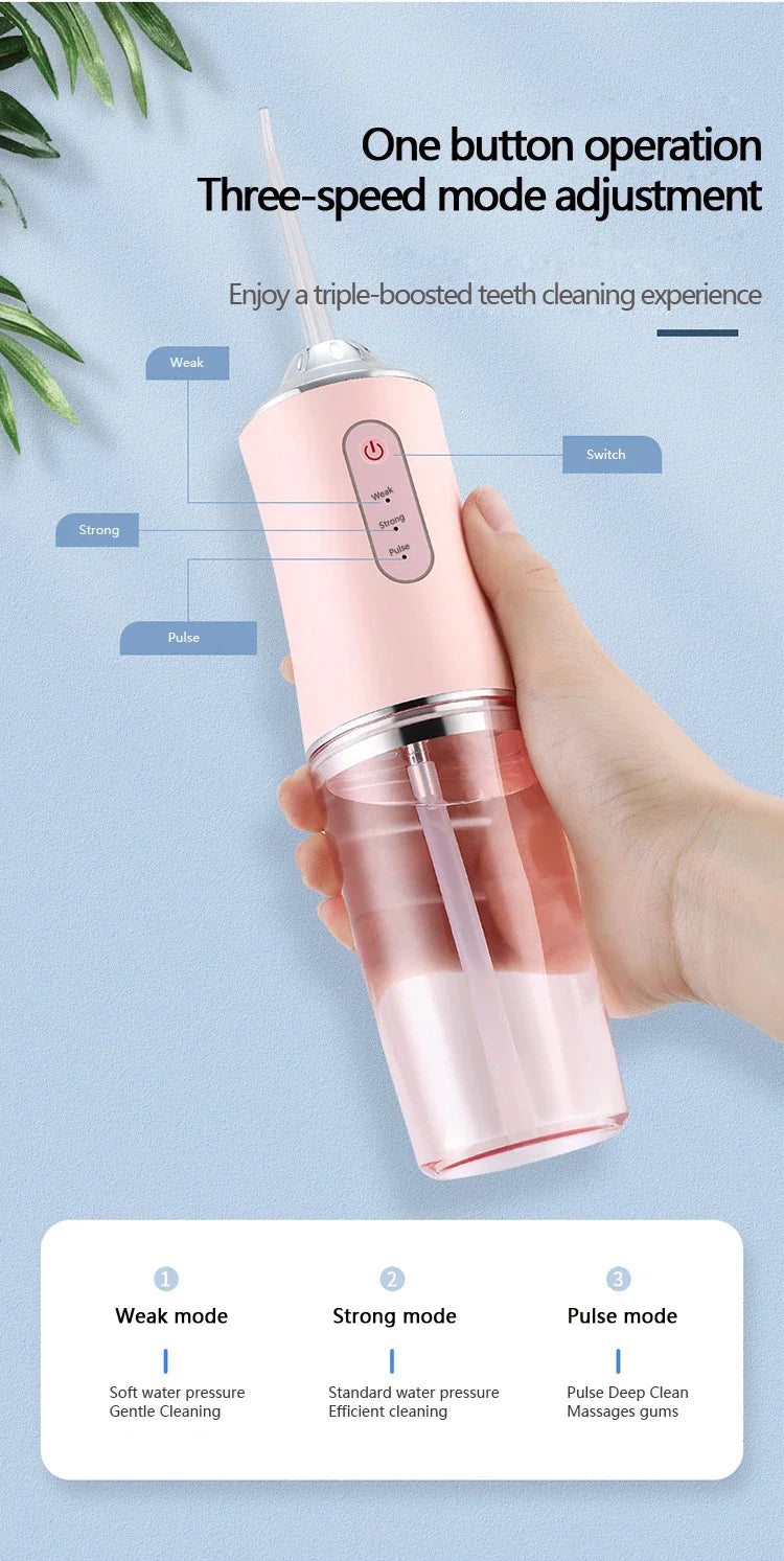 A hand holds a pink portable oral irrigator demonstrating three-speed mode adjustment for teeth cleaning.