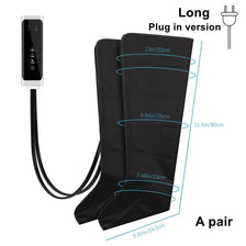A pair of black long plug-in foot and leg massagers with various size options shown next to a power cord.