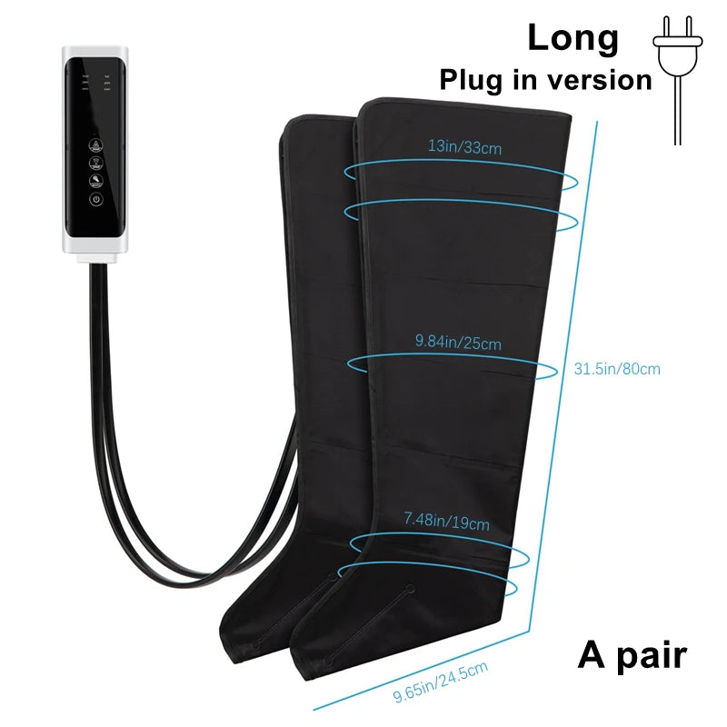 Ein Paar schwarze lange Stecker-Fuß- und Beinmassager mit verschiedenen Größenoptionen neben einem Stromkabel.