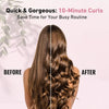 Before and after comparison showing long brown hair curled using a 10-minute curling method