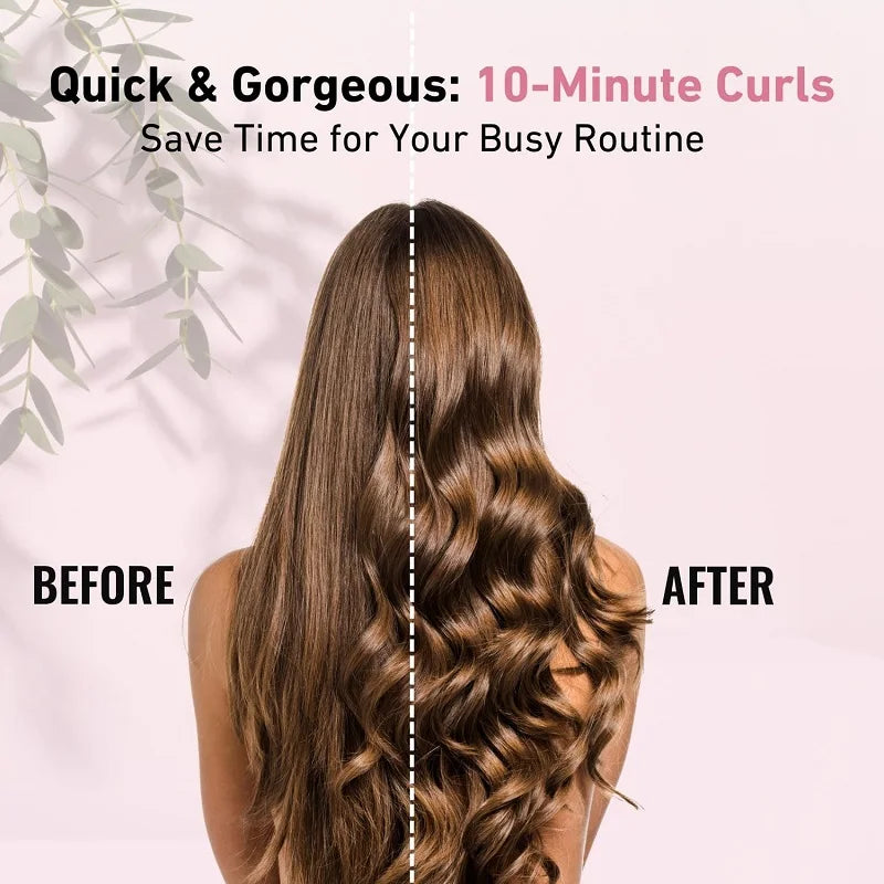 Before and after comparison showing long brown hair curled using a 10-minute curling method