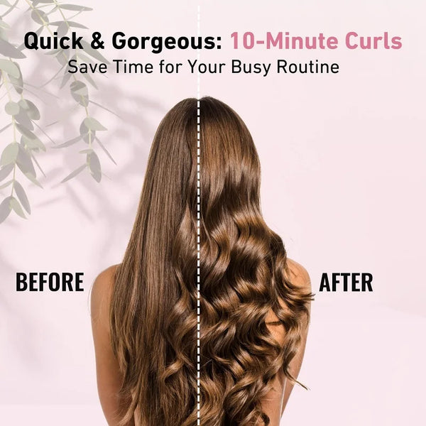 Before and after comparison showing long brown hair curled using a 10-minute curling method