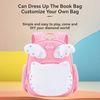 A pink backpack with white ears and a large white pouch is shown against a light background.