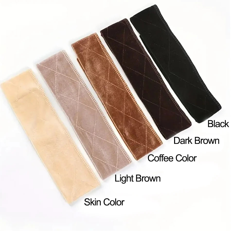 A set of five suede or velvet colored wig grips in black, dark brown, coffee color, light brown, and skin color.