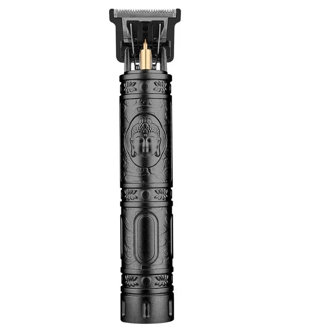 A black professional wireless beard shaver trimmer with a gold-colored shaving head.
