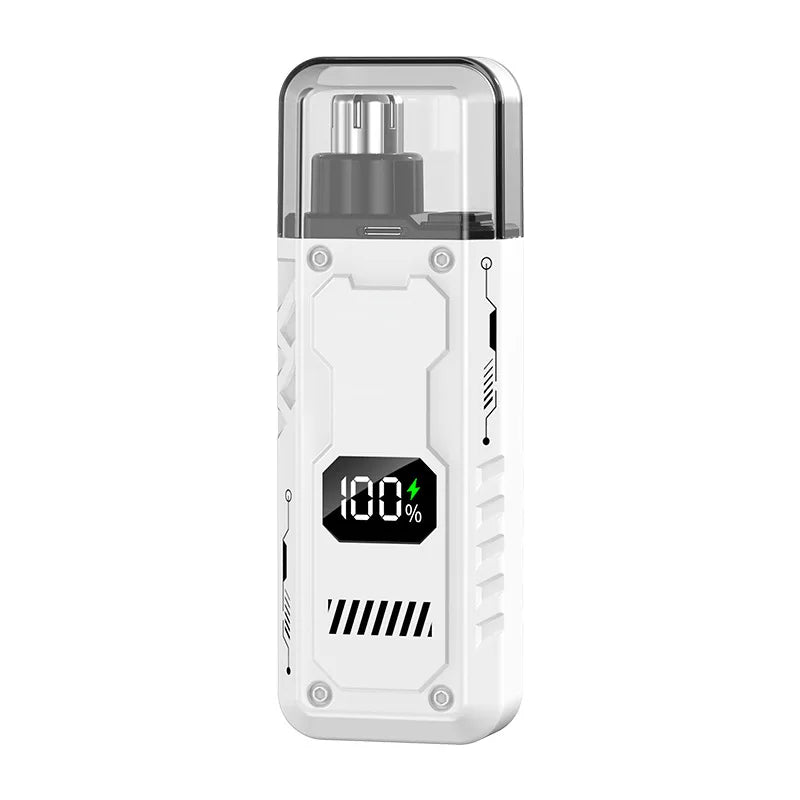 A white electric trimmer device with a silver cap and a digital display showing 100% battery level.