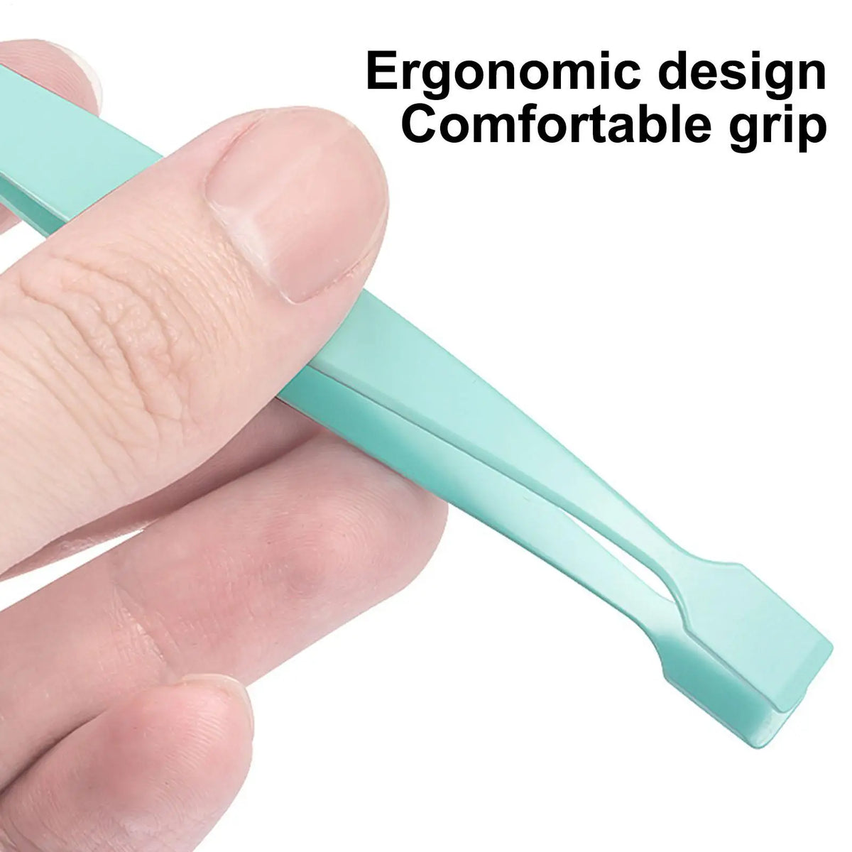 A hand holds a light blue stainless steel eyelash cluster tweezers with an ergonomic grip.