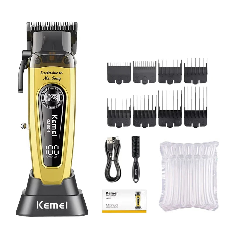 A yellow and black Kemei professional electric hair clipper with multiple guard attachments and accessories.