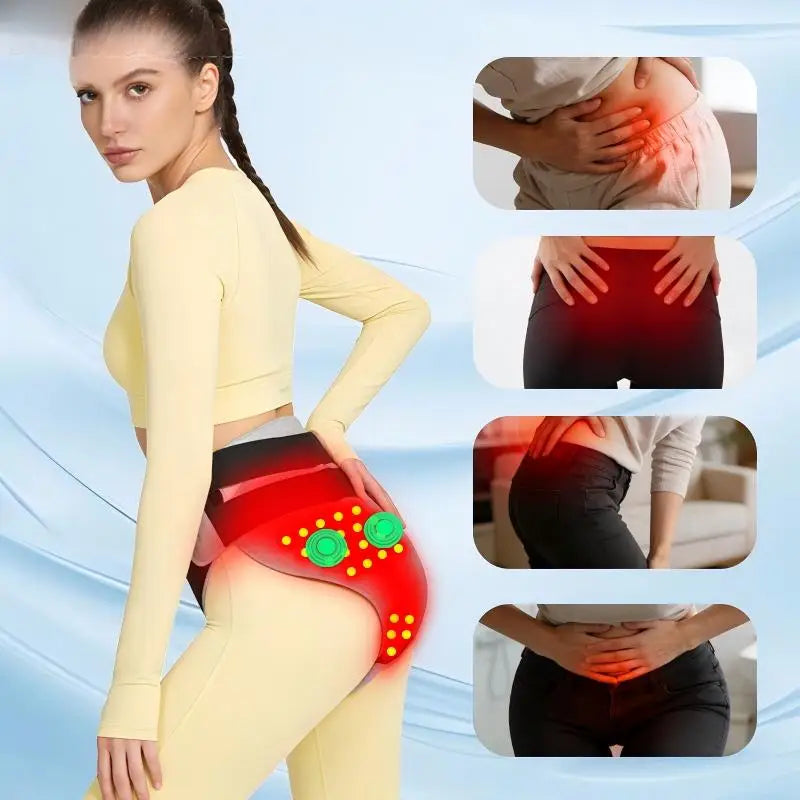 A woman wearing a yellow long-sleeved top and pants demonstrates the red light abdominal heating pad for pain relief.