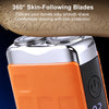 Close-up of a silver and orange electric shaver with 360 degree skin-following blades shown against a textured background.