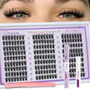 Set natürliche Wimperncluster für DIY-Lash-Extensions, zeigt verschiedene Längen und Profi-Werkzeuge.