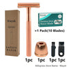 A set of ten stainless steel razor blades and a handle for a Waysh safety razor kit