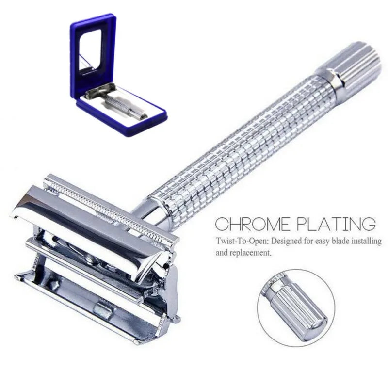 A chrome plated double-sided safety stainless steel razor with a blue handle and blade assembly.