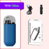 A blue precision nose hair trimmer with a black charging cable and packaging box.