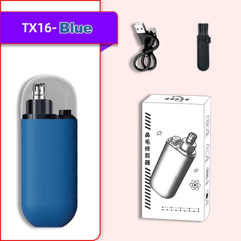 A blue precision nose hair trimmer with a black charging cable and packaging box.