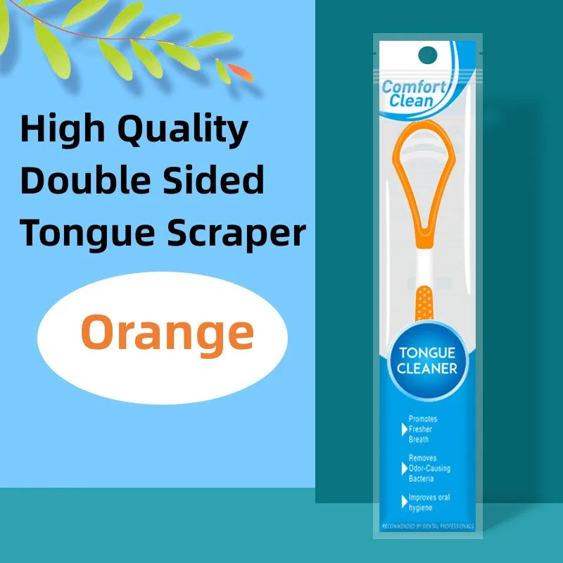 Tube de rasoir en silicone orange pour la langue, pour l'hygiène buccale, avec l'étiquette Comfort Clean.
