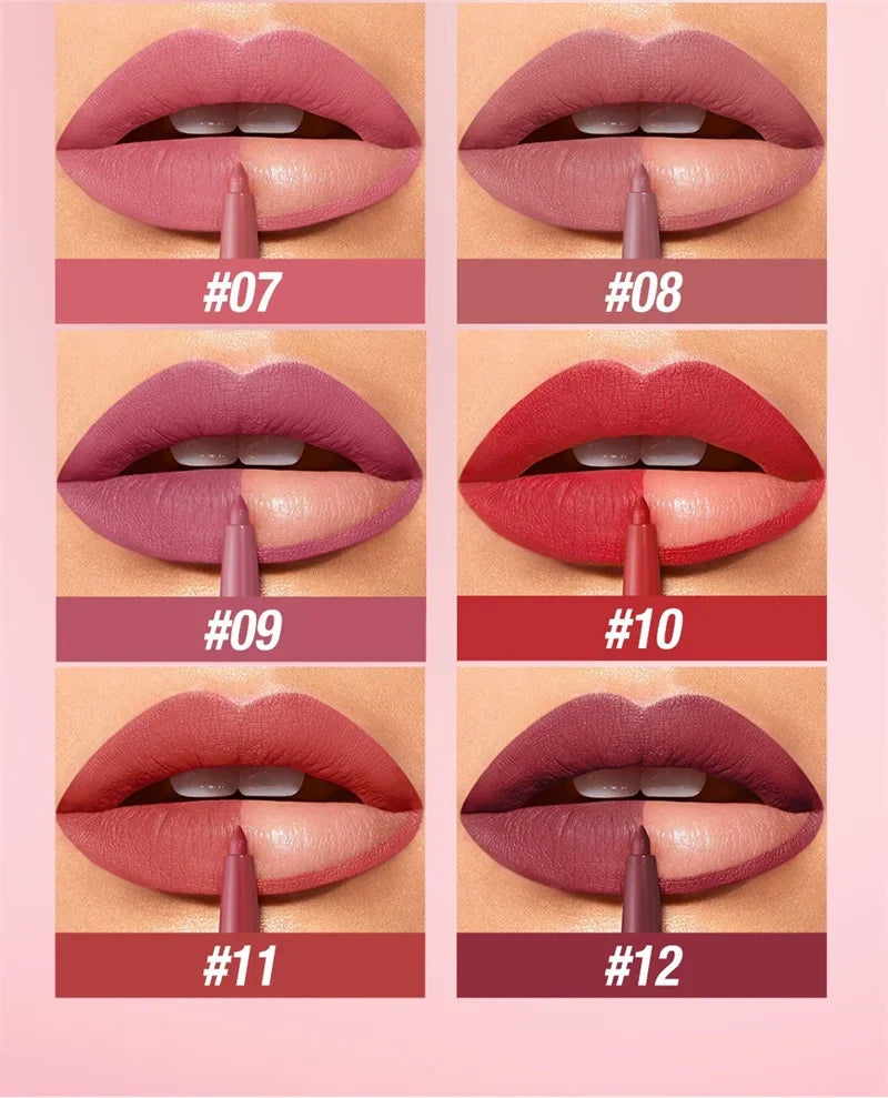 Doce tonos de lápices de delineador labial mate y waterproof mostrados en formato de cuadrícula.