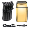Set aus schwarzem und goldenem Elektrorasierer, inklusive Kopf, Gehäuse und Ladekabel.