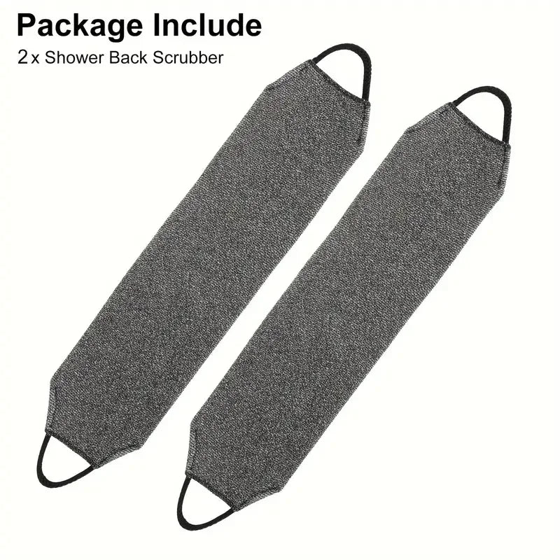Two gray shower back scrubbers are shown diagonally against a white background.