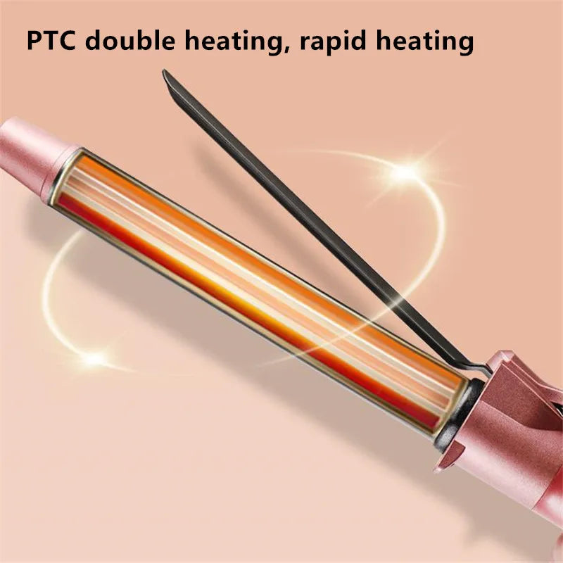 A close-up of a pink ceramic hair curling iron with visible heating elements and a black barrel.