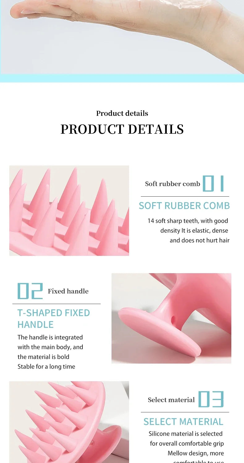 Peigne en silicone rose avec poignée fixe pour soins capillaires et massage du cuir chevelu.