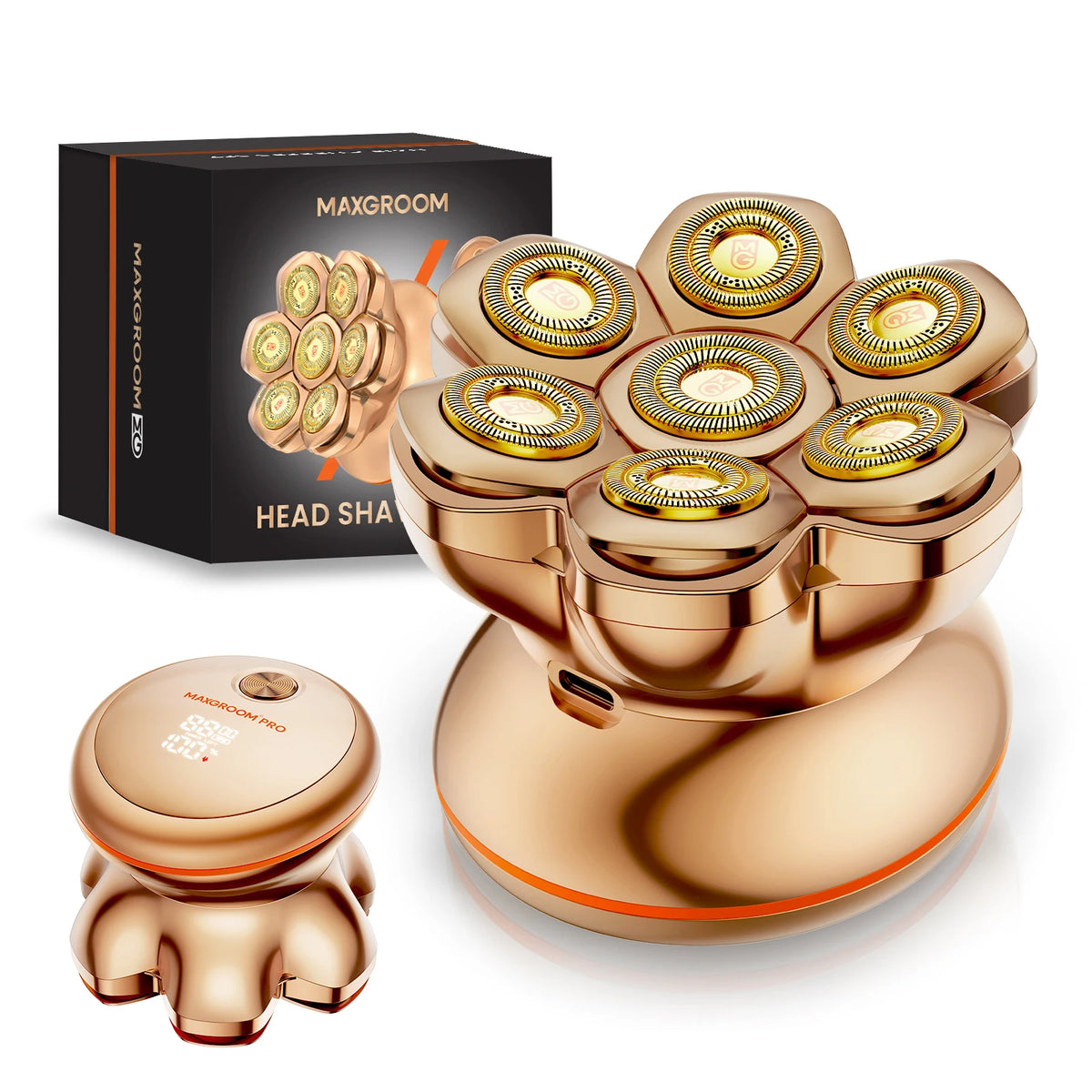 A bronze rotary electric head shaver and its packaging box are shown.