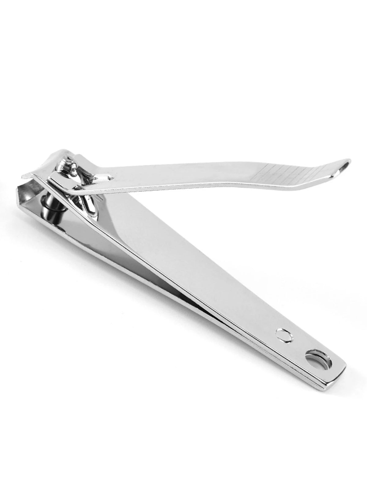 A silver stainless steel nail clipper with a hinged design shown in a profile view.