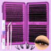 A purple box containing a DIY cluster lashes kit with pink tools and several lash extensions.