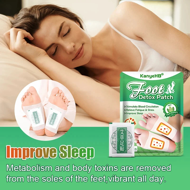 A woman is relaxing while using KanyeHB Foot Detox Patches on her feet to improve sleep and remove toxins.