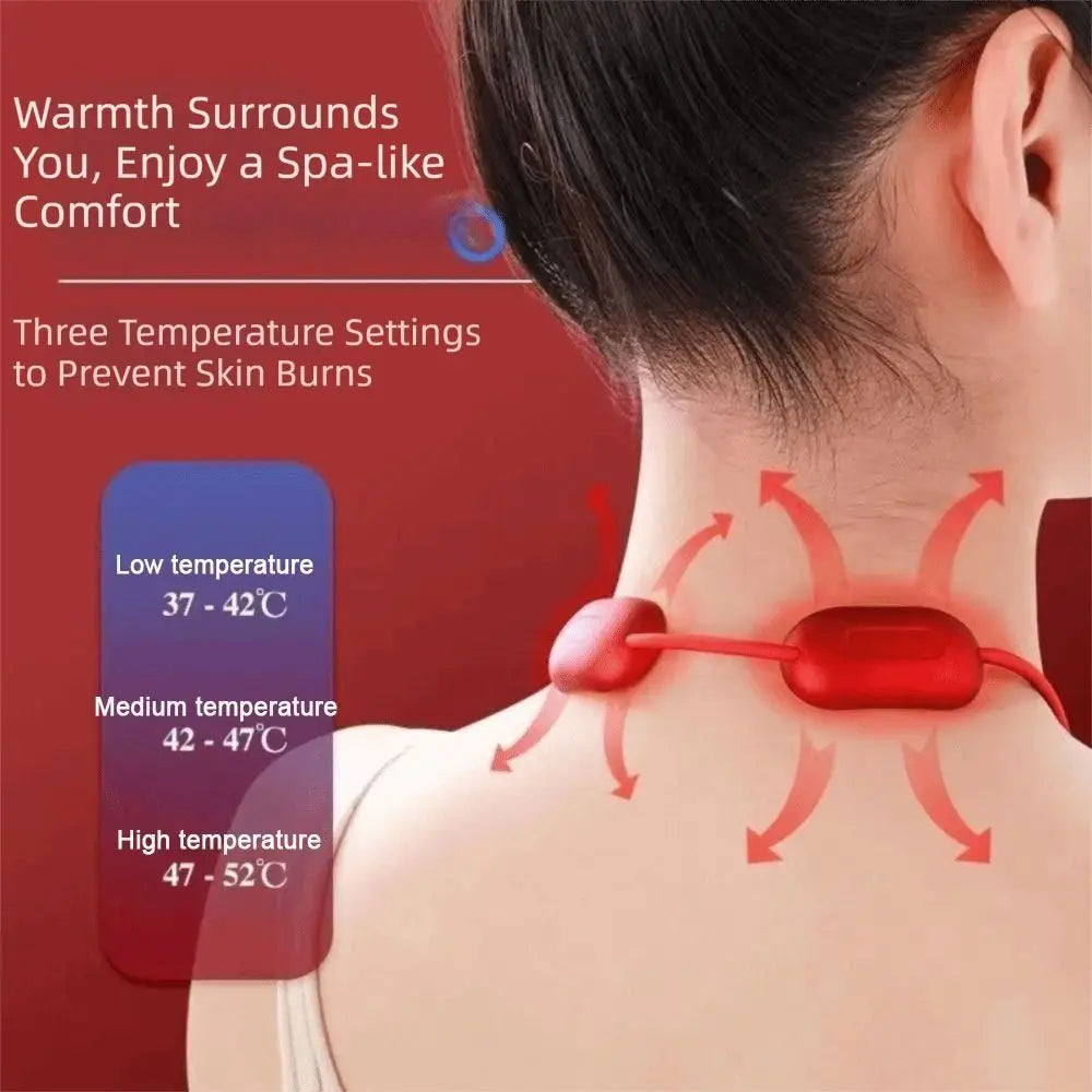 A woman is using a red thermal massager on her neck to provide spa-like comfort and prevent skin burns.