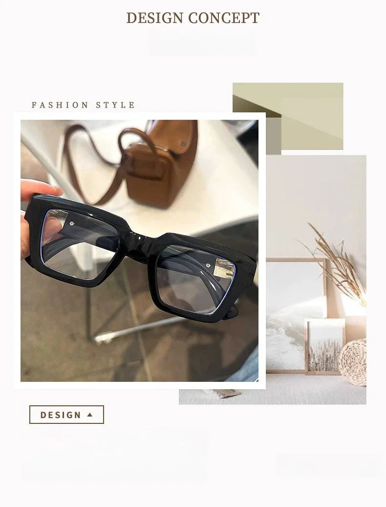 Une paire de lunettes de lecture rétro à monture carrée noires avec filtre anti-lumière bleue sur une main.
