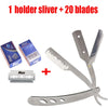 A set of one holder and twenty blades for a folding straight razor.