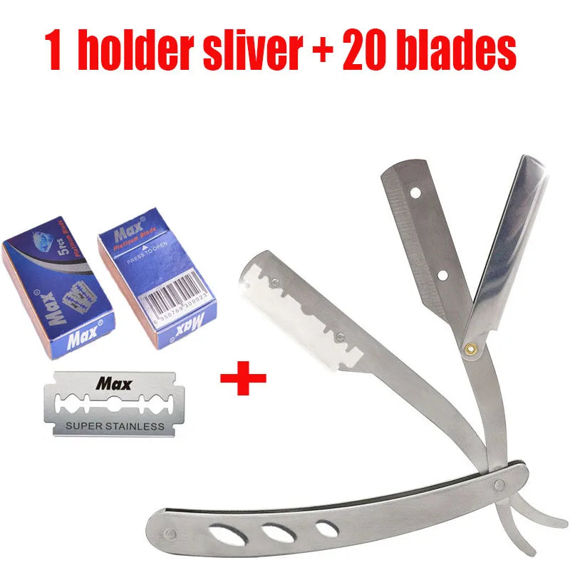 A set of one holder and twenty blades for a folding straight razor.