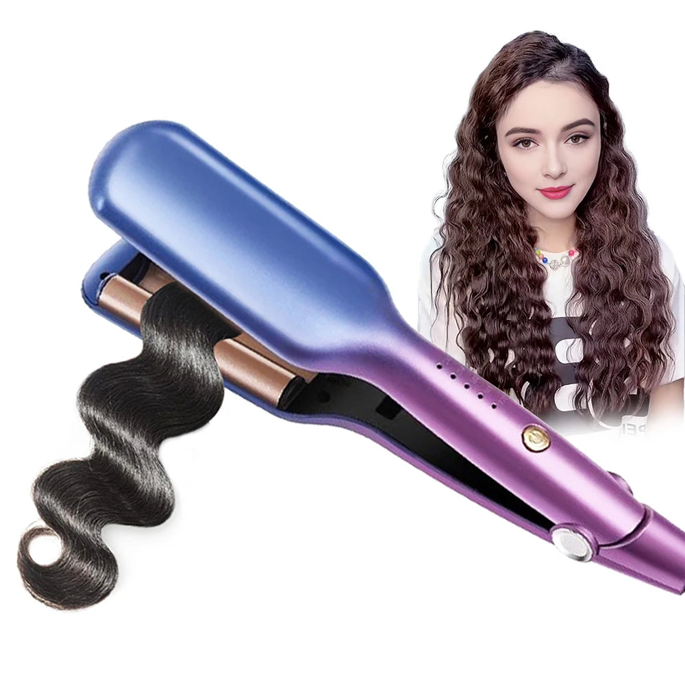 A purple ceramic hair waver is shown next to a woman with long dark curly hair.