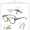 A pair of retro cat eye reading glasses with multi-colored frames shown in various angles.