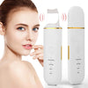 A white ultrasonic skin scrubber face tool is shown next to a woman's face, demonstrating its use for cleaning and lifting.