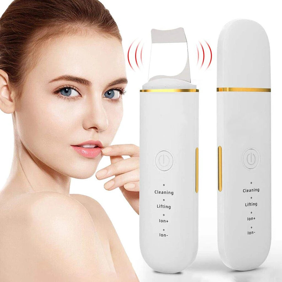 A white ultrasonic skin scrubber face tool is shown next to a woman's face, demonstrating its use for cleaning and lifting.
